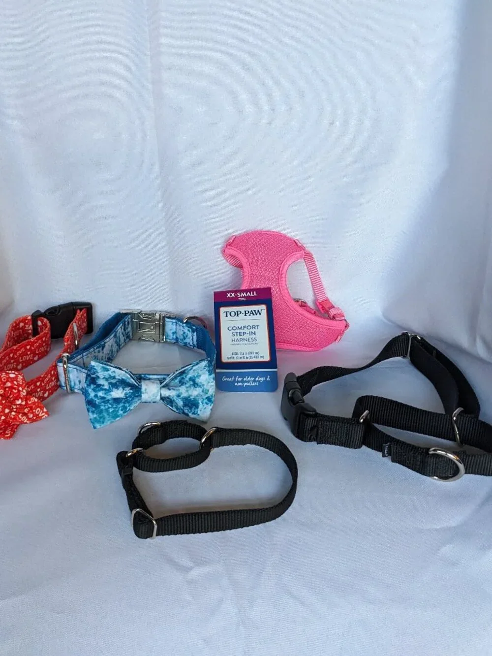Dog Collars (Various Sizes) & Harness Bundle Lot Valentine Bow Tie